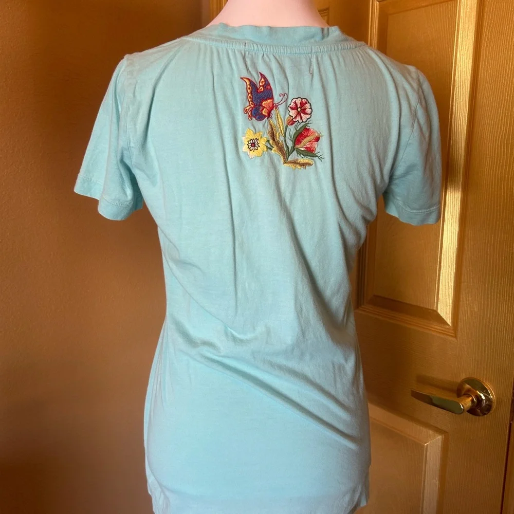 Johnny Was Embroidered Scoop Neck Short Sleeve Top - Aqua - Picture 5 of 8